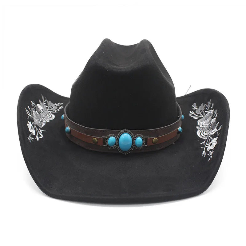 Western Faux Suede Cowboy Hat with Embroidered Flower Jazz Style Belt Fedora Hats Panama Sombrero Caps for Cowgirl And Hombre