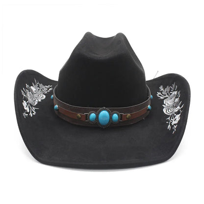 Western Faux Suede Cowboy Hat with Embroidered Flower Jazz Style Belt Fedora Hats Panama Sombrero Caps for Cowgirl And Hombre