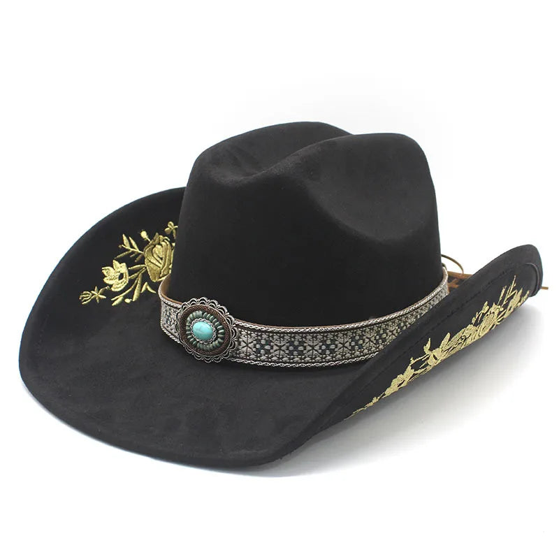 Western Faux Suede Cowboy Hat with Embroidered Flower Jazz Style Belt Fedora Hats Panama Sombrero Caps for Cowgirl And Hombre