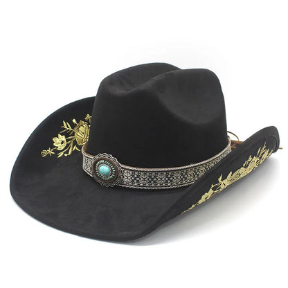 Western Faux Suede Cowboy Hat with Embroidered Flower Jazz Style Belt Fedora Hats Panama Sombrero Caps for Cowgirl And Hombre
