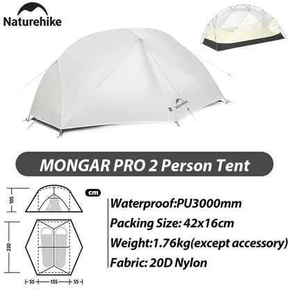Naturehike Mongar Pro 123 Ultralight Three Season Outdoor Waterproof 20D Nylon Hiking Tent 2 Person Rucksack Camping Riding Tent