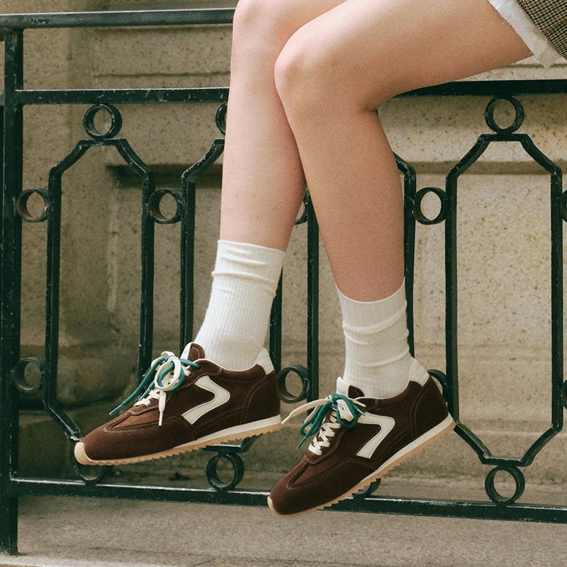 BEAUTODAY Casual Sneakers Women Cow Suede Leather Round Toe Retro Trainers Lace up Outdoors Ladies Shoes Handmade 29959