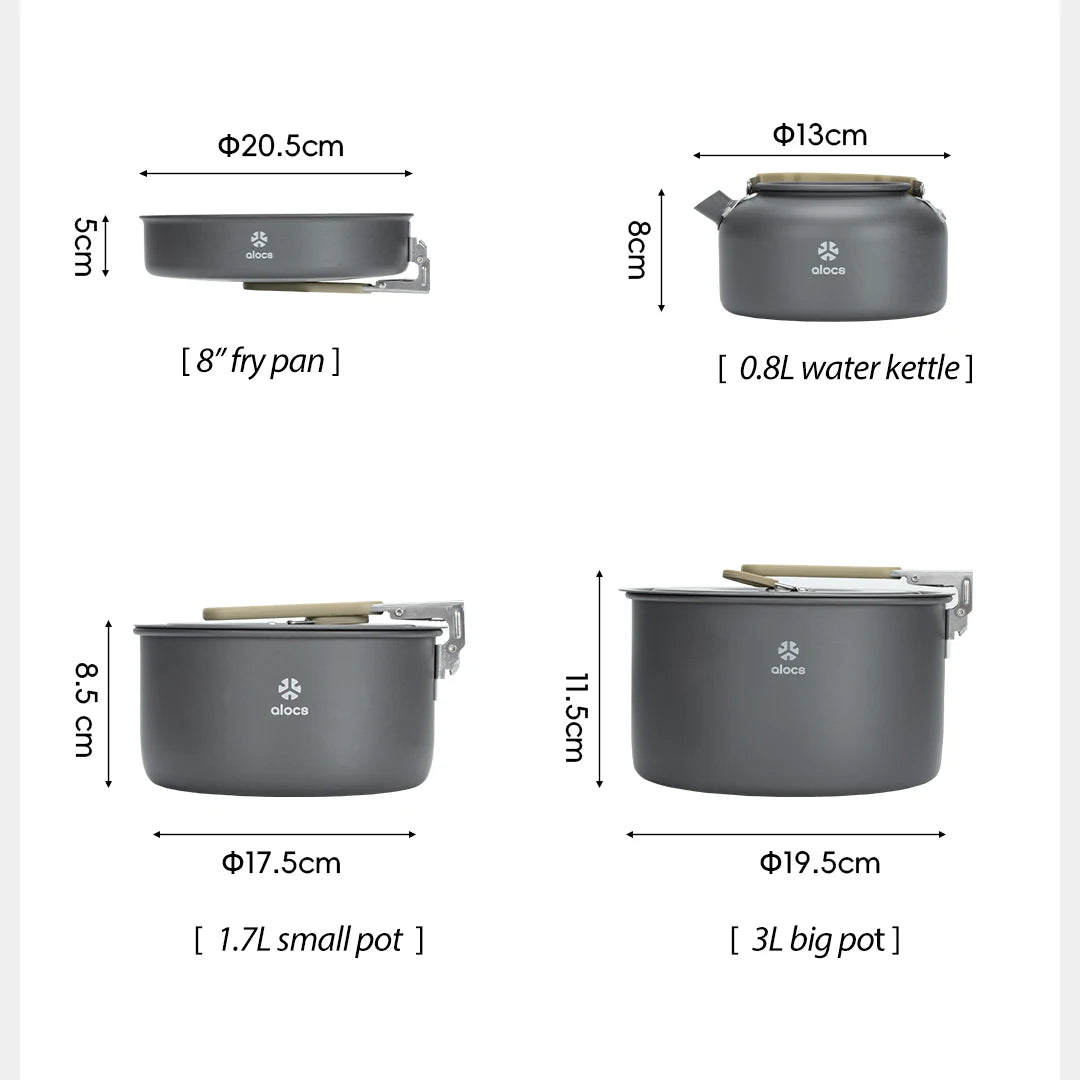 ALOCS Portable Camping Pot Set Mess Kit Cookware Fry Pan Water Kettle for Outdoor Hiking Picnic Backpacking CW-C06PRO