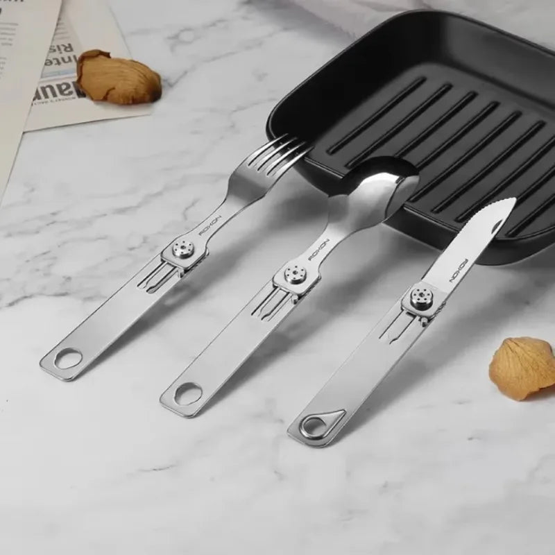 Portable 3-in-1 Tableware Set Stainless Steel Knife Fork Spoon Outdoor Camping Field Exquisite Multifunctional Equipment Tools