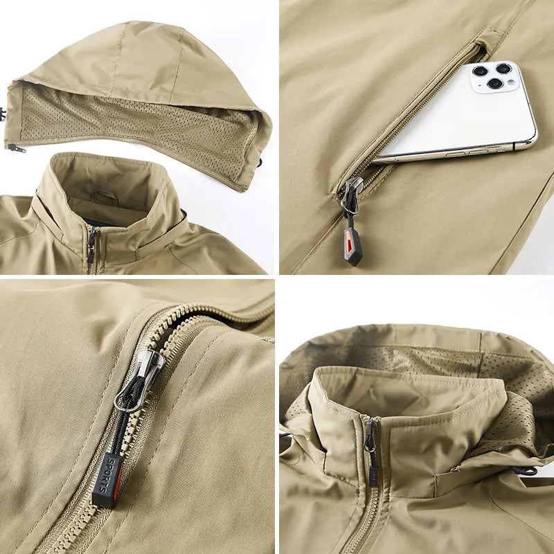 Men Detachable Hooded Jacket Embroidered Jacket Outdoor Breathable Hiking Travel Coat Multiple Pockets zipper Coat Casual Coat