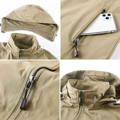 Men Detachable Hooded Jacket Embroidered Jacket Outdoor Breathable Hiking Travel Coat Multiple Pockets zipper Coat Casual Coat
