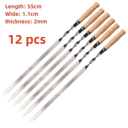 6pcs or 12 pcs BBQ Skewers 55cm big Long Handle Kebab Barbecue Grill Stick Wood BBQ Fork Stainless steel Outdoors Grill Needle