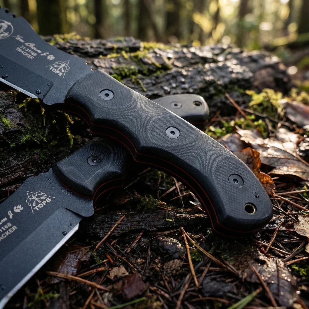 TOPS Tracker - Jungle Rescue Knife for the Outdoors, 1095 high-carbon steel, Micta handle, camping emergency knife