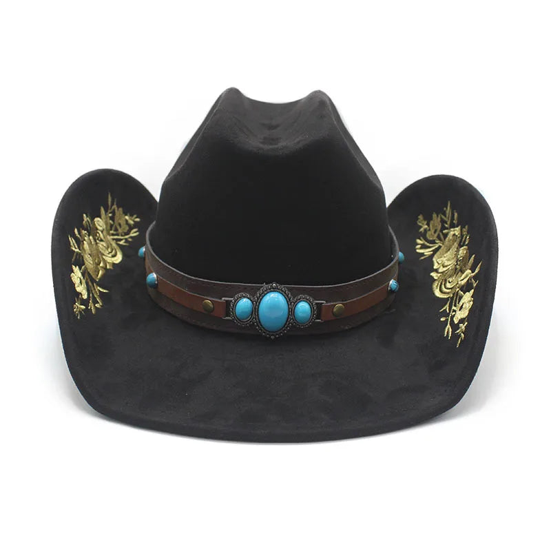 Western Faux Suede Cowboy Hat with Embroidered Flower Jazz Style Belt Fedora Hats Panama Sombrero Caps for Cowgirl And Hombre
