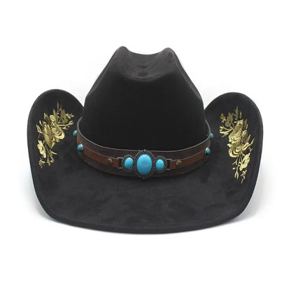 Western Faux Suede Cowboy Hat with Embroidered Flower Jazz Style Belt Fedora Hats Panama Sombrero Caps for Cowgirl And Hombre