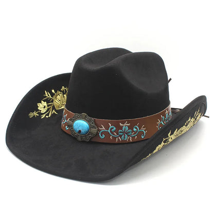 Western Faux Suede Cowboy Hat with Embroidered Flower Jazz Style Belt Fedora Hats Panama Sombrero Caps for Cowgirl And Hombre