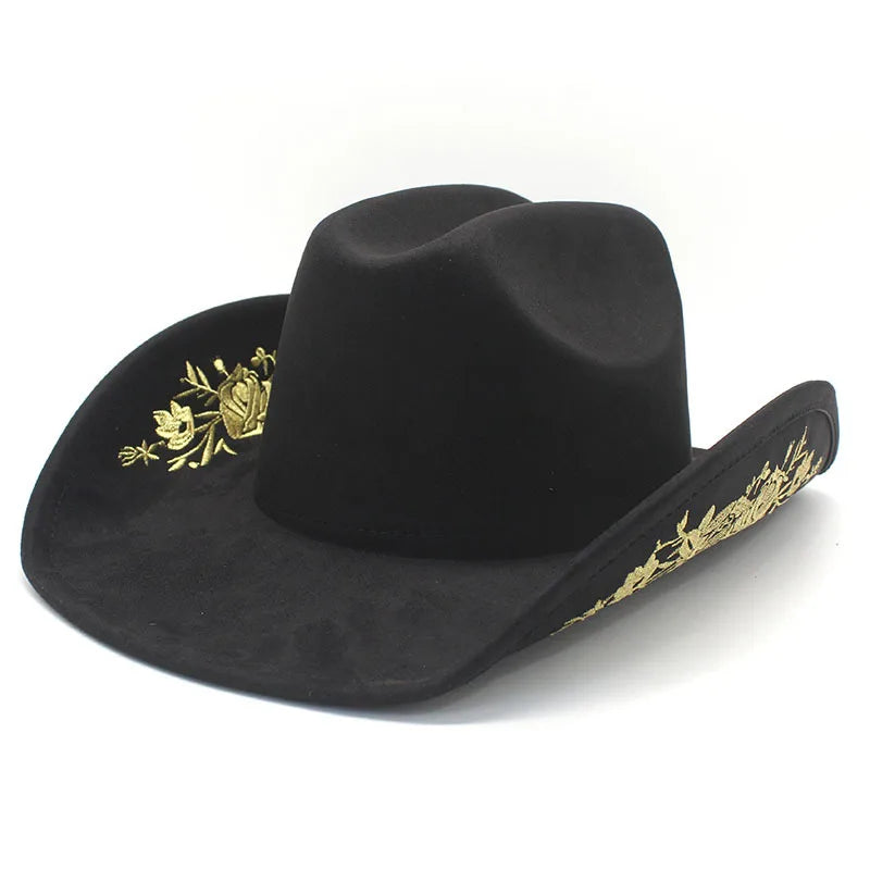 Western Faux Suede Cowboy Hat with Embroidered Flower Jazz Style Belt Fedora Hats Panama Sombrero Caps for Cowgirl And Hombre
