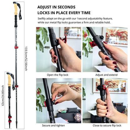 Lighten Up 1/2 Pcs Carbon Fiber Trekking Poles Collapsible Telescopic Walking Sticks with Cork Handle Ultralight Hiking