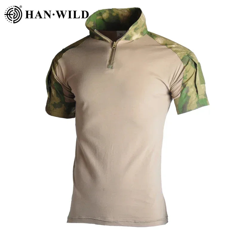 Men's Short Sleeve Softair Tactical Shirt for Men Combat Shirt Zipper Cotton Hiking CP Camoufalge Airsoft T Shirts Climbing Tee