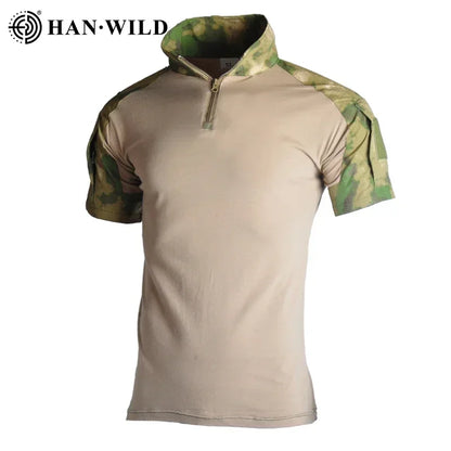 Men's Short Sleeve Softair Tactical Shirt for Men Combat Shirt Zipper Cotton Hiking CP Camoufalge Airsoft T Shirts Climbing Tee
