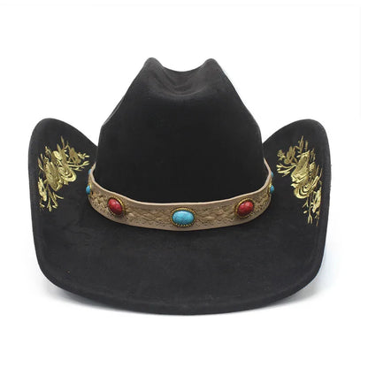 Western Faux Suede Cowboy Hat with Embroidered Flower Jazz Style Belt Fedora Hats Panama Sombrero Caps for Cowgirl And Hombre