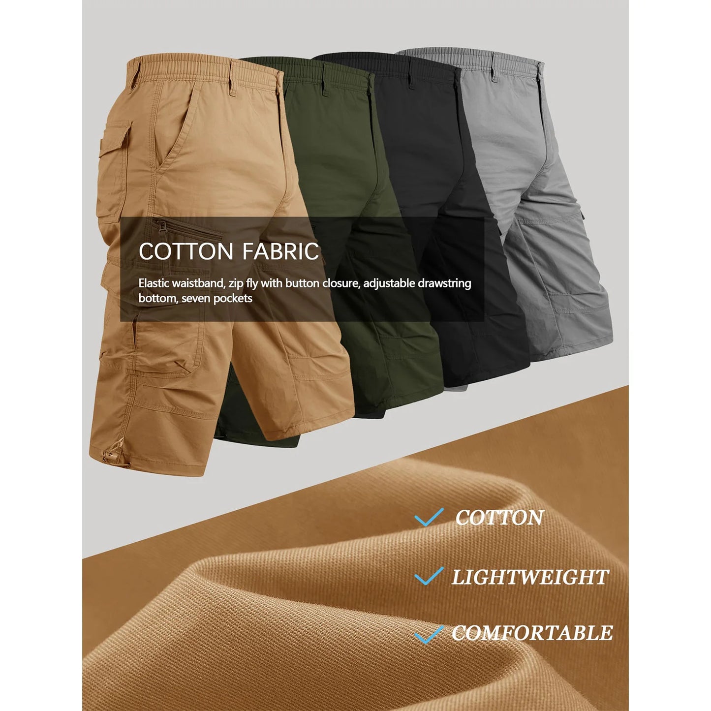 MAGCOMSEN Men's Cotton Twill Cargo Capri Shorts Elastic Waist Multi-Pocket Knee Plus Size Outdoor Hiking Fishing Work Shorts
